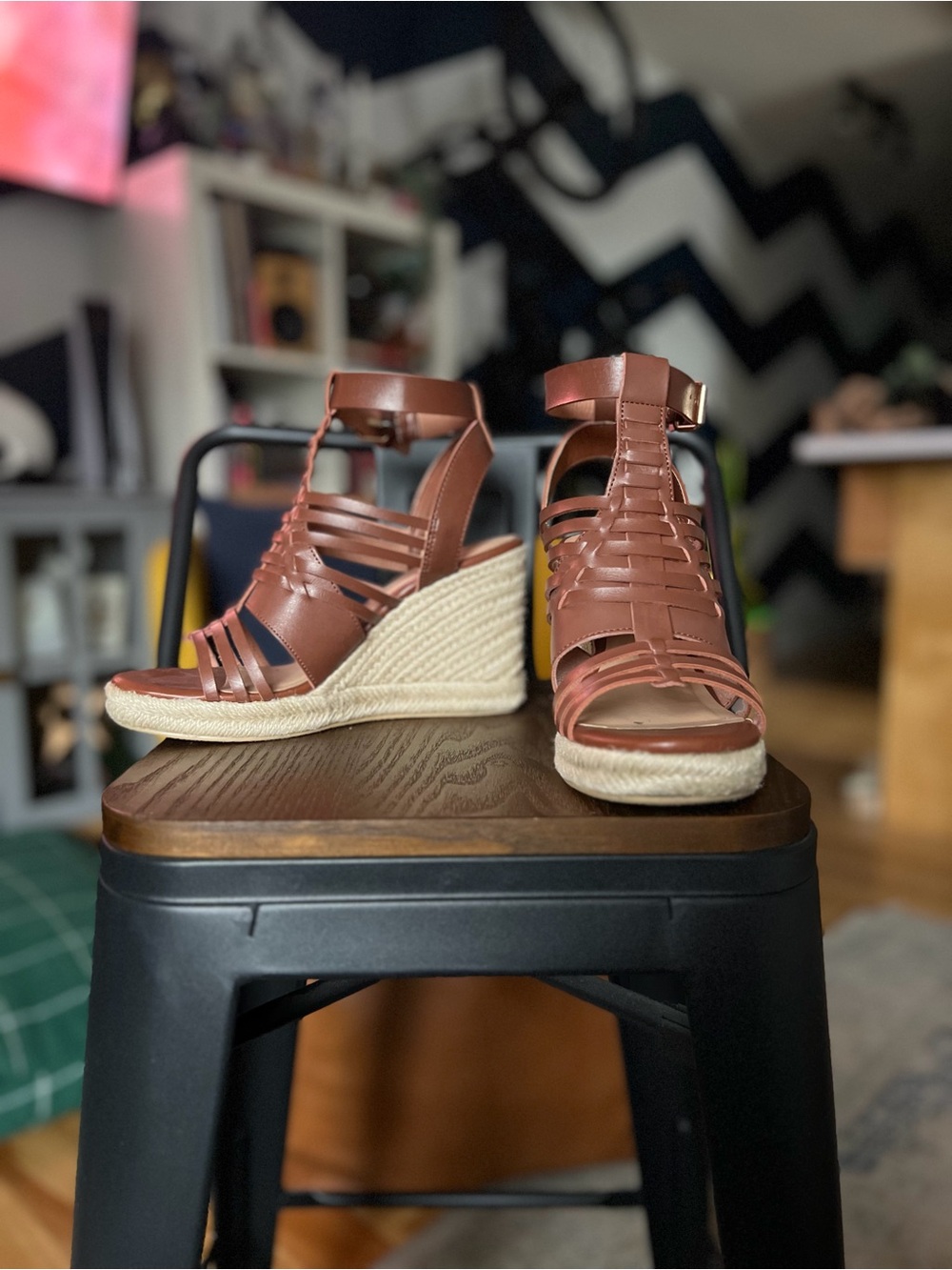JustFab Brown Woven Espadrille Wedge Sandals with Ankle Strap